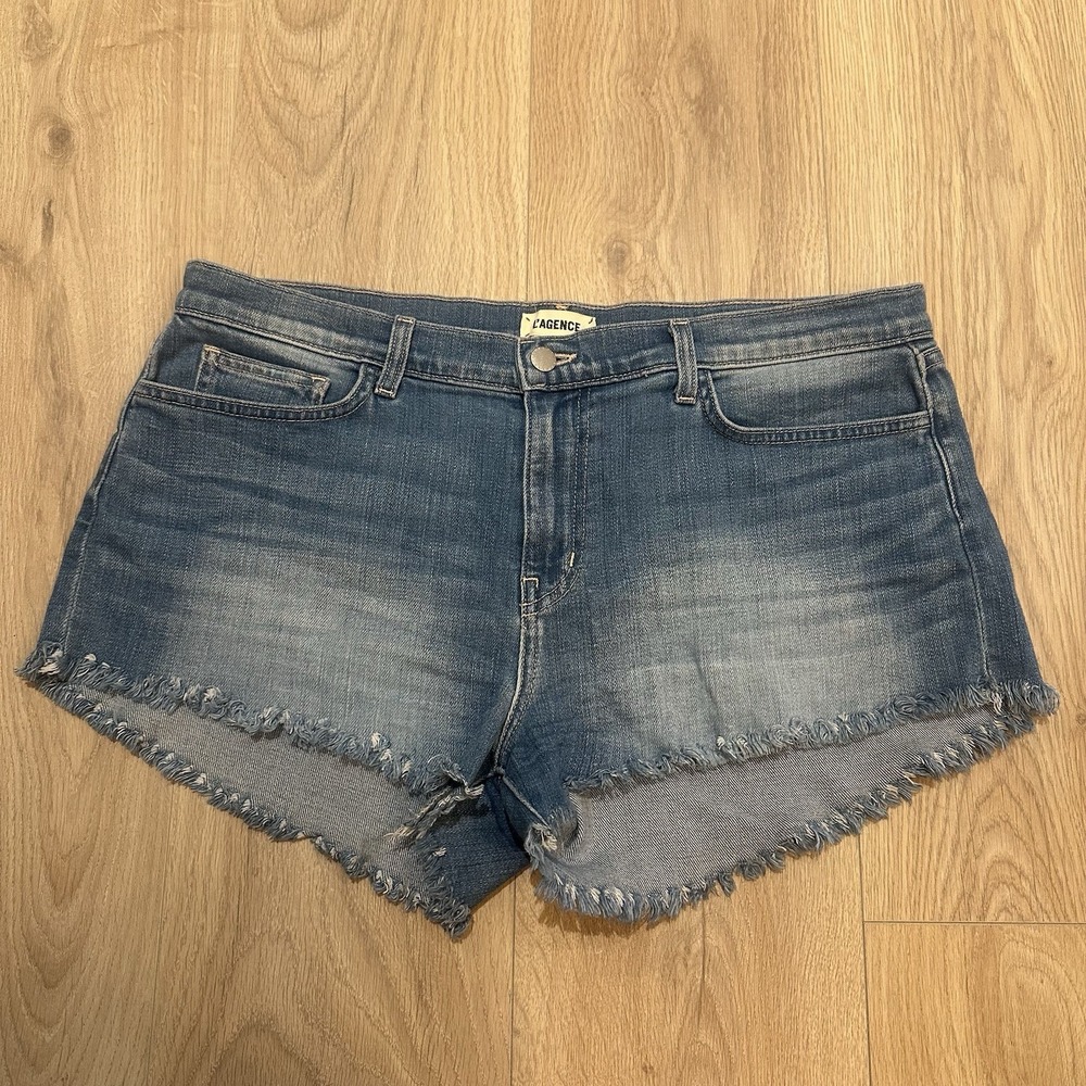 L'AGENCE Shorts Women's 32 Zoe The Perfect Fit Denim Frayed Hem Atlantic Blue